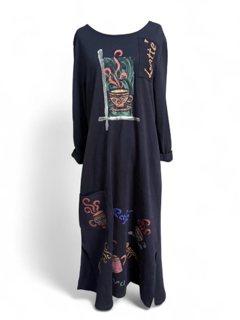 Vintage 90’s Cite maxi cotton heavyweight dress hand painted coffee theme dress